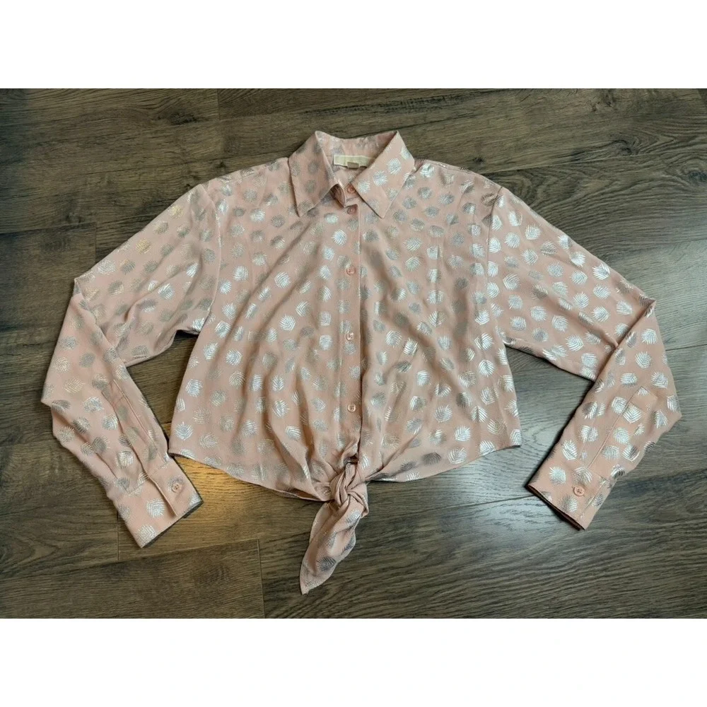 EUC Michael Kors Women's Pink Floral Print Cuff Sleeve Button-Up Top TIE Size XS